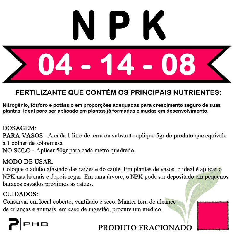 Fertilizante NPK 04-14-08 - Para Rosas do deserto e floração.